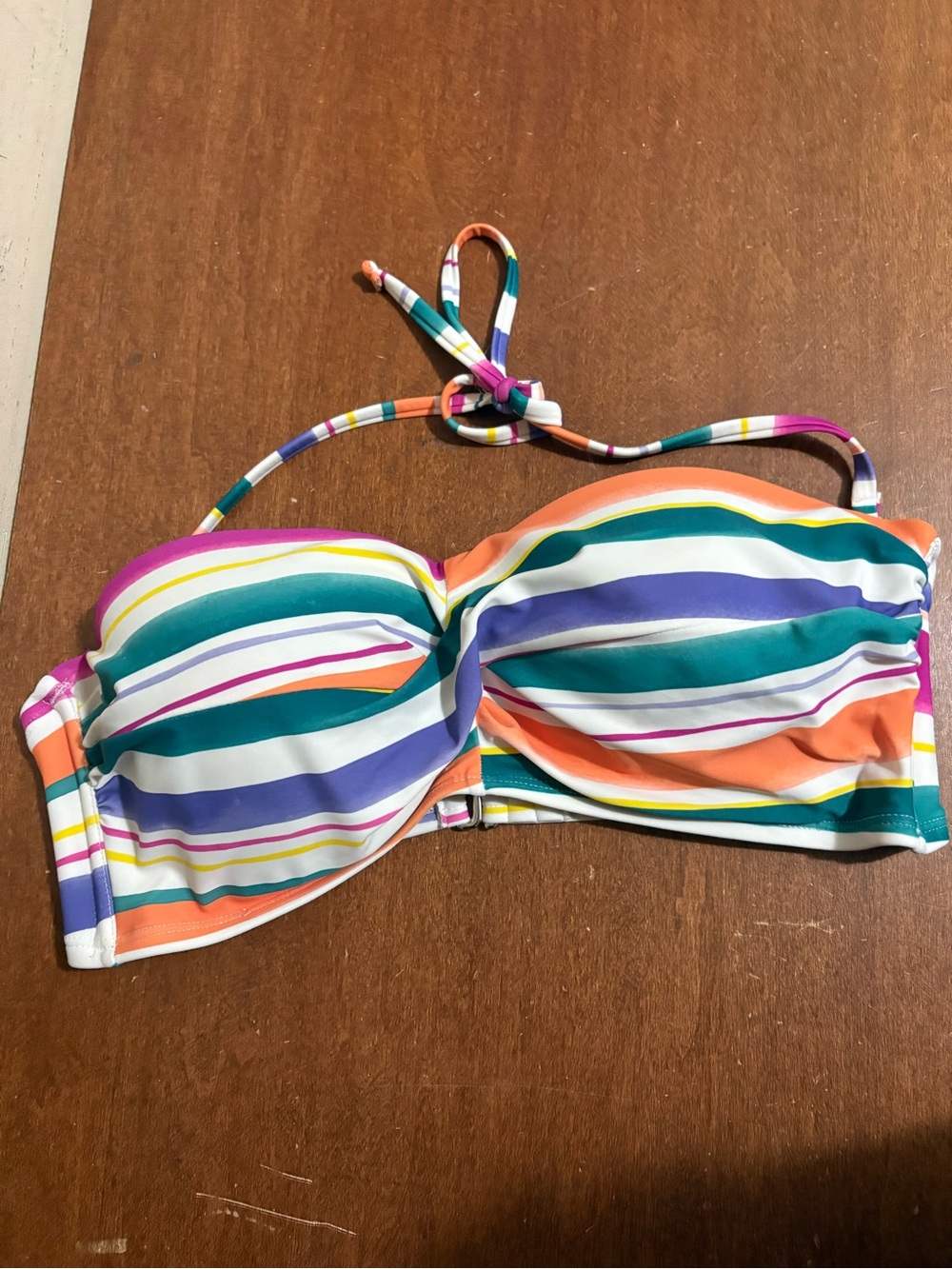 Kona Sol Striped Bandeau Bikini Top in Teal, Purple, Orange, Pink & White
